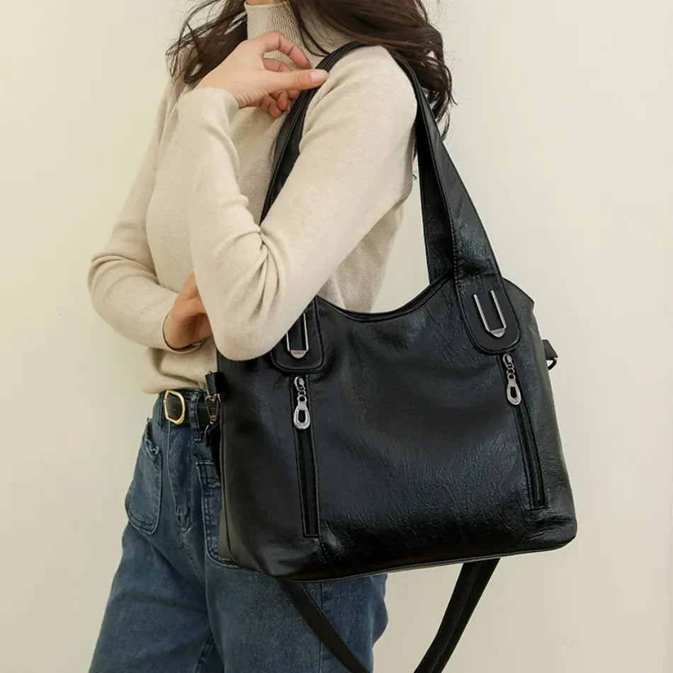 Solid Color Handbag Soft Leather Tote Bag Casual Big Shoulder Messenger Bags