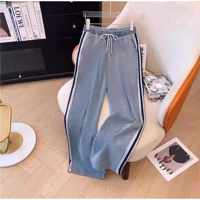 Women Preppy Style Patchwork Contrast Denim Sets Stand Collar Elastic Jeans 2 Piece Suit Streetwear Comfort