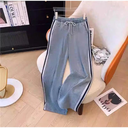 Women Preppy Style Patchwork Contrast Denim Sets Stand Collar Elastic Jeans 2 Piece Suit Streetwear Comfort