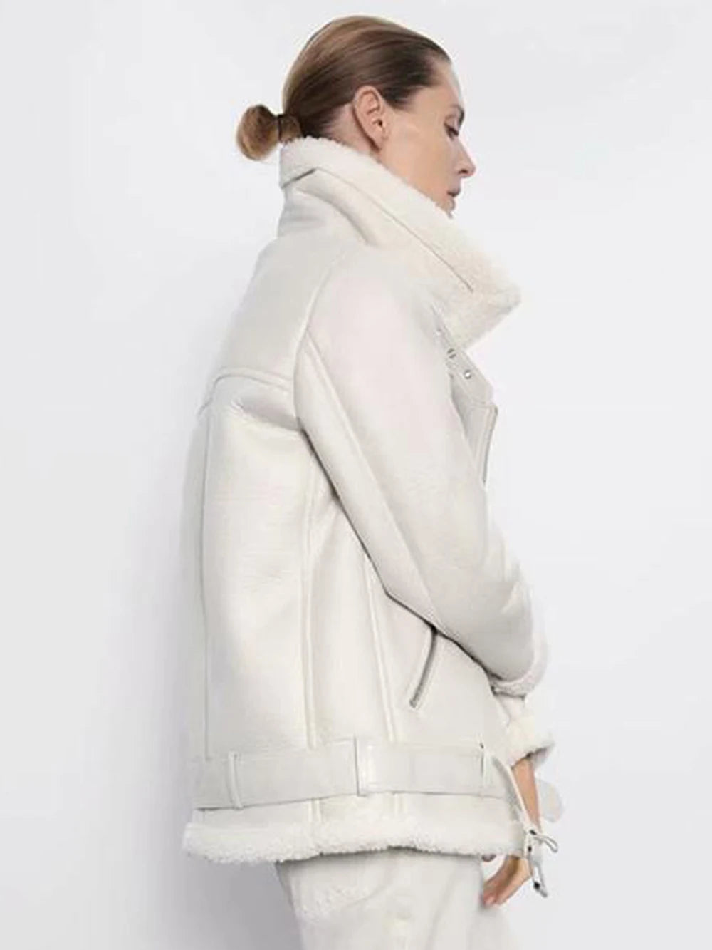 Thick and warm faux leather jacket Coat women's beige long-sleeved belt jacket women 2025 winter fashion new streetwear Tops