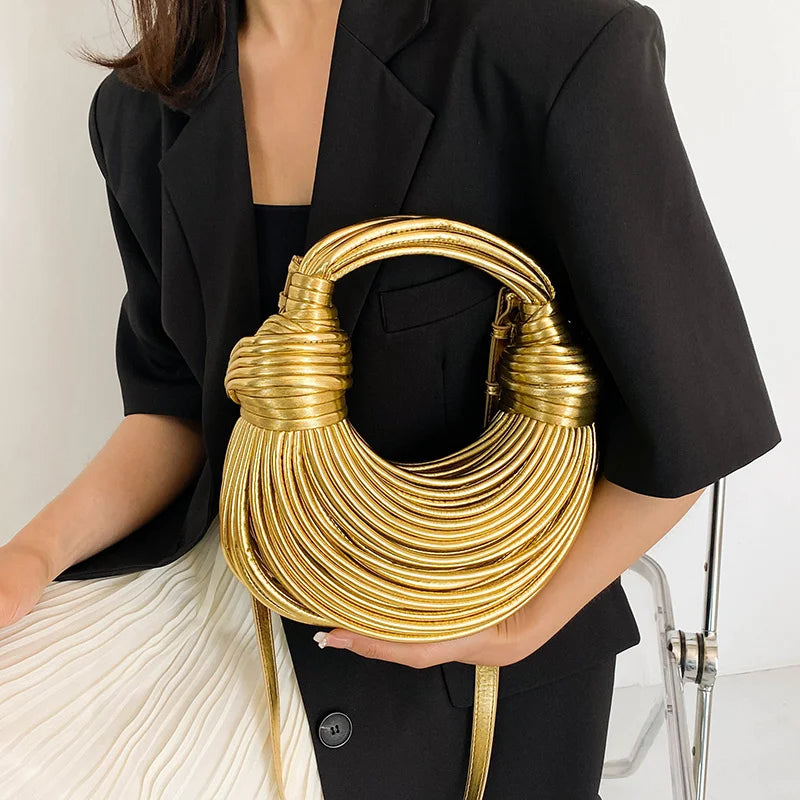 Gold Luxury Designer Brand Handwoven Noodle Bags Rope Knotted Pulled Hobo Silver Evening Clutch Chic
