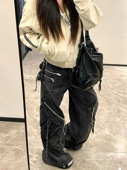 Women's Black Cargo Baggy Jeans Line Y2K American High Street Harajuku Aesthetic Vintage Design Wide Leg Jeans Trousers Clothing