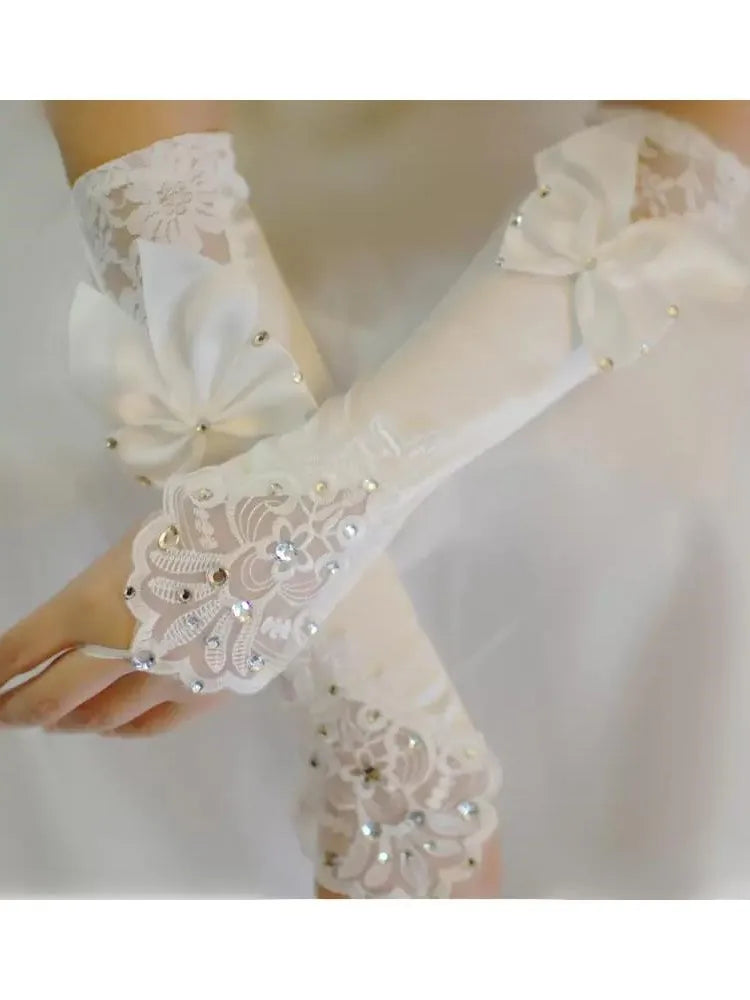 Ivory Satin Bridal Gloves Beads Lace Fingerless Long Ladies Glove Bow Wedding Accessories bride gloves