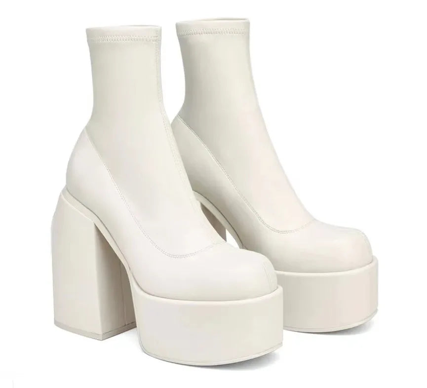 Short Boots Women Leather Boot Square toe casual Zipper high heels Casual thick soled