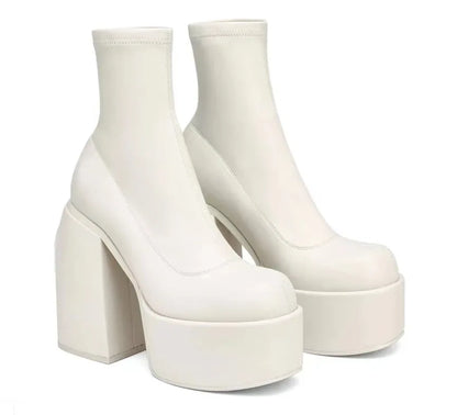 Short Boots Women Leather Boot Square toe casual Zipper high heels Casual thick soled
