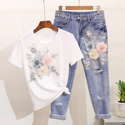 Women Two Piece Outfits 3D Flower Embroidery T Shirt Cropped Ripped Jeans