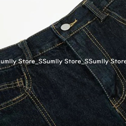 Embroidery Stitched Jeans Women Summer Loose Retro High Waisted Pants Y2k Design Wide Leg Cropped Shorts