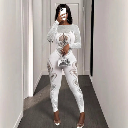 CM.YAYA 2025 O-neck Full Sleeve Women Mesh Hollow Out Jumpsuits Casual Night Club Sexystreet Sexy Perspective Outfits Rompers