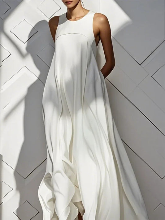 White Long Dress Summer Sleeveless Solid Color Round-Neck Pleated Elegant Evening Maxi Dress