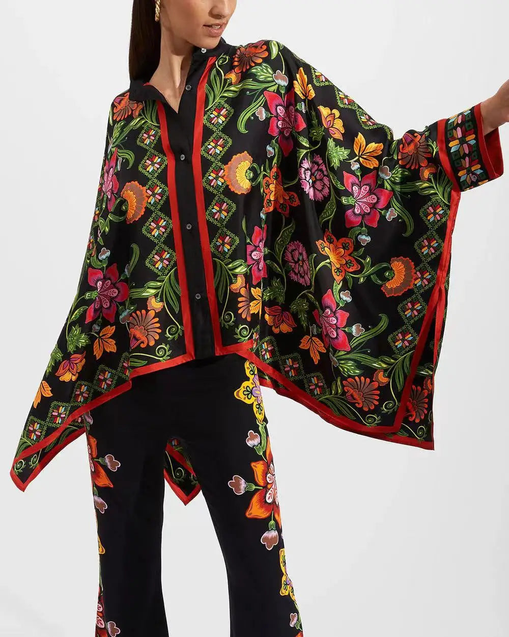 Vintage Print Pants Sets Women Irregular Loose Long Sleeve Shirt Wide Leg Trousers Two Piece Set Female Fashion Trend Streetwear