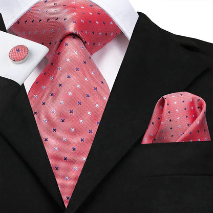 Coral 8.5cm Men's Ties Hanky Cufflinks Set Silk Tie For Men Pink Plaid Coral Luxury Wedding Party