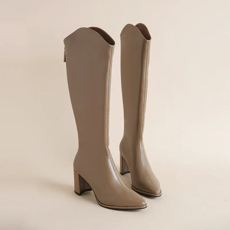 Zipper Thick High Heels Simple Thick High Heels Autumn Winter Boots Knee High