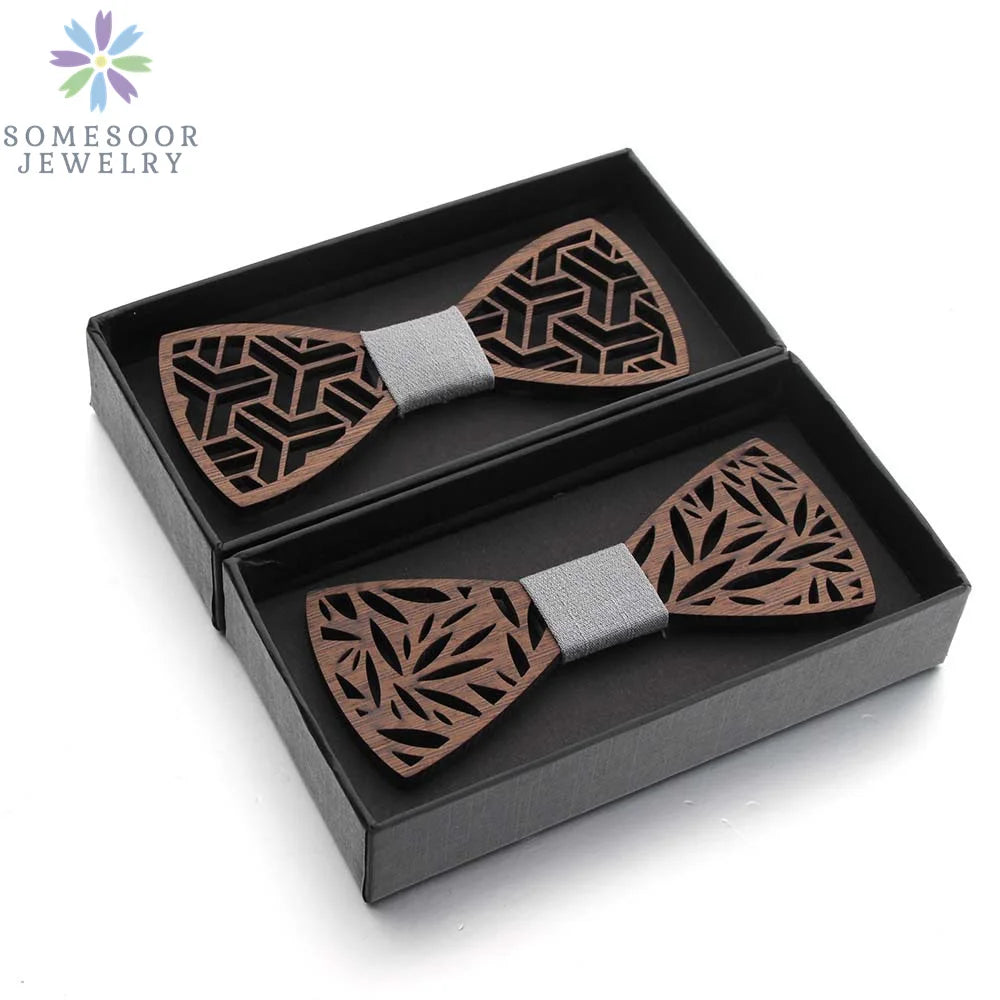 Dark Leaf Hollow Floral Wooden Bowtie For Men Wedding Suit Geometric Carved Wood Neck Ties Unisex