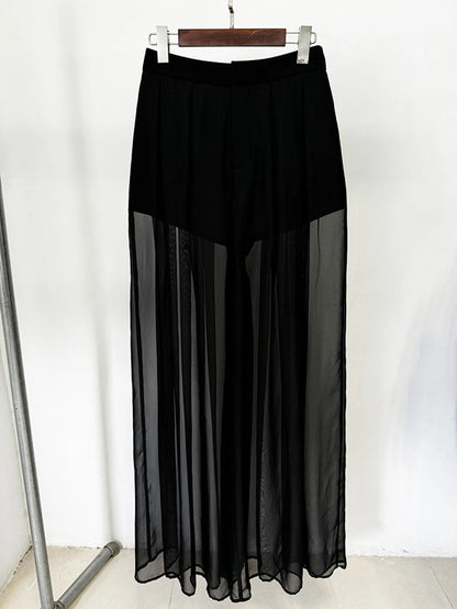 Women's Mesh Splicing Bead Sequin Blazer Wide legs Chiffon Pants Set Suit