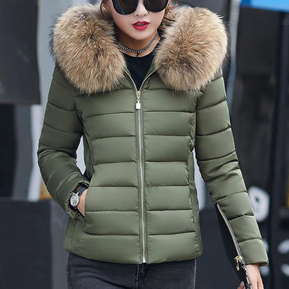 New Autumn Winter Jacket Womens Parkas Fur Collar Hooded Coats Casual Short Jacket Female Slim Cotton Padded Warm Outerwear