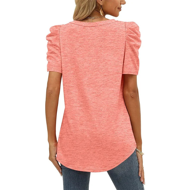 Women's Casual Summer Top Puff Short Sleeve Tee Shirt Cotton Pullover Blouse V-neck Solid Color Loose