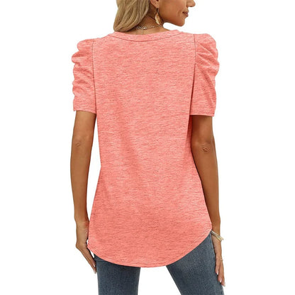 Women's Casual Summer Top Puff Short Sleeve Tee Shirt Cotton Pullover Blouse V-neck Solid Color Loose