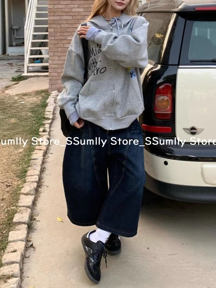 Embroidery Stitched Jeans Women Summer Loose Retro High Waisted Pants Y2k Design Wide Leg Cropped Shorts