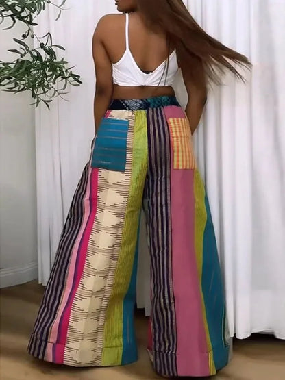Women's Striped Printed Wide Leg Pants Contrast Color Drawstring High Waisted Loose