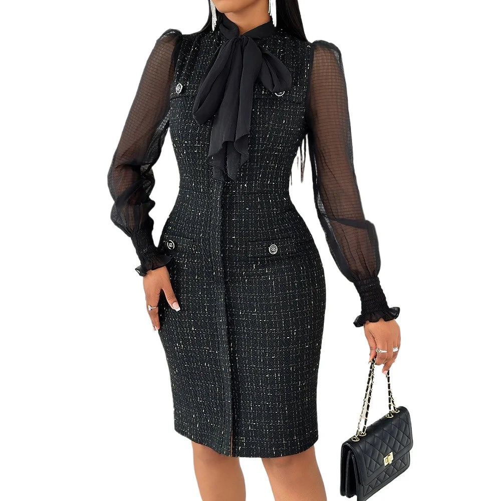 Elegant Tie Neck Mesh Patch Long Sleeve Midi Dress Frill Hem Shirred Fashion