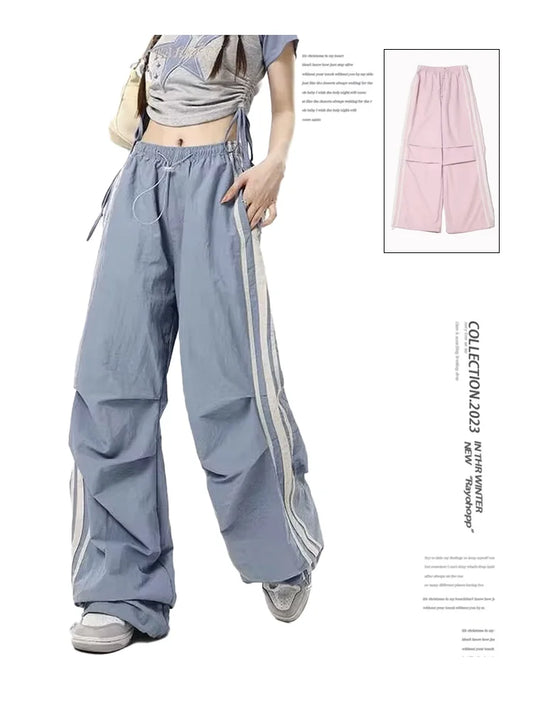Women Blue Striped Pants Baggy Harajuku Sweatpants Aesthetic Oversize Parachute Pants Y2k 2000s Vintage Fashion Trousers Clothes
