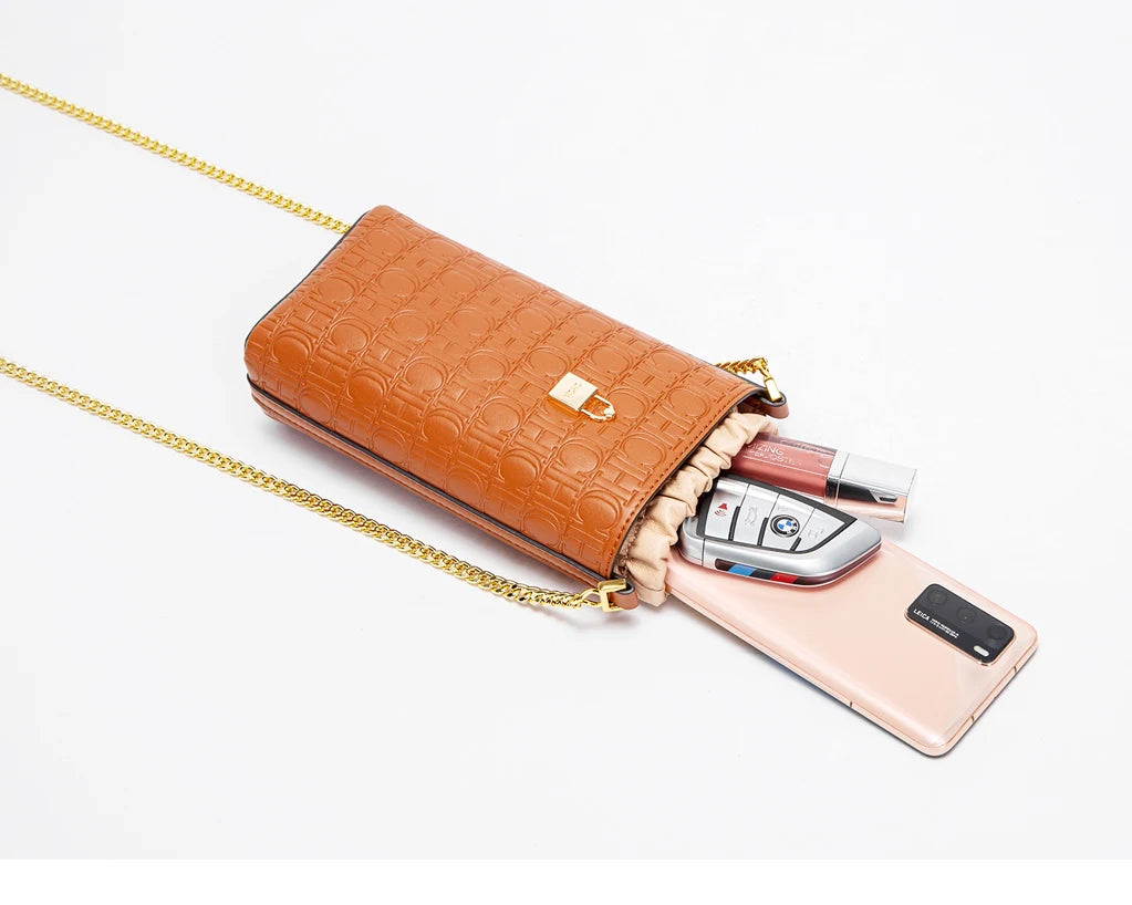 Phone Bag 2024 New Embossed Crossbody Bag High Quality Metal Chain Bag