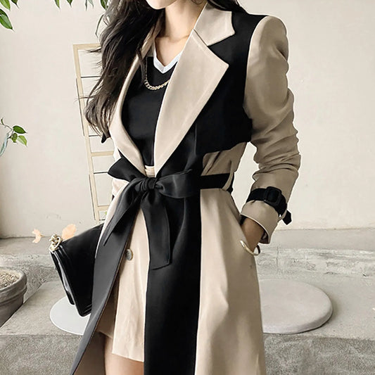 Elegant Long Jacket Women Retro Formal Black Khaki Contrast Notched Collar Windbreaker Coat