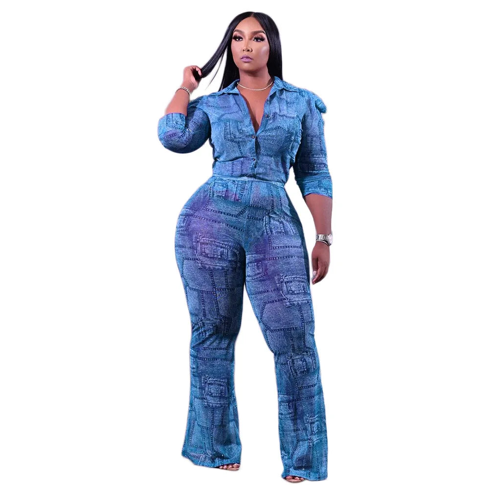 Long Sleeve Stretch Chiffon Print Denim Two Piece Set Plus Size