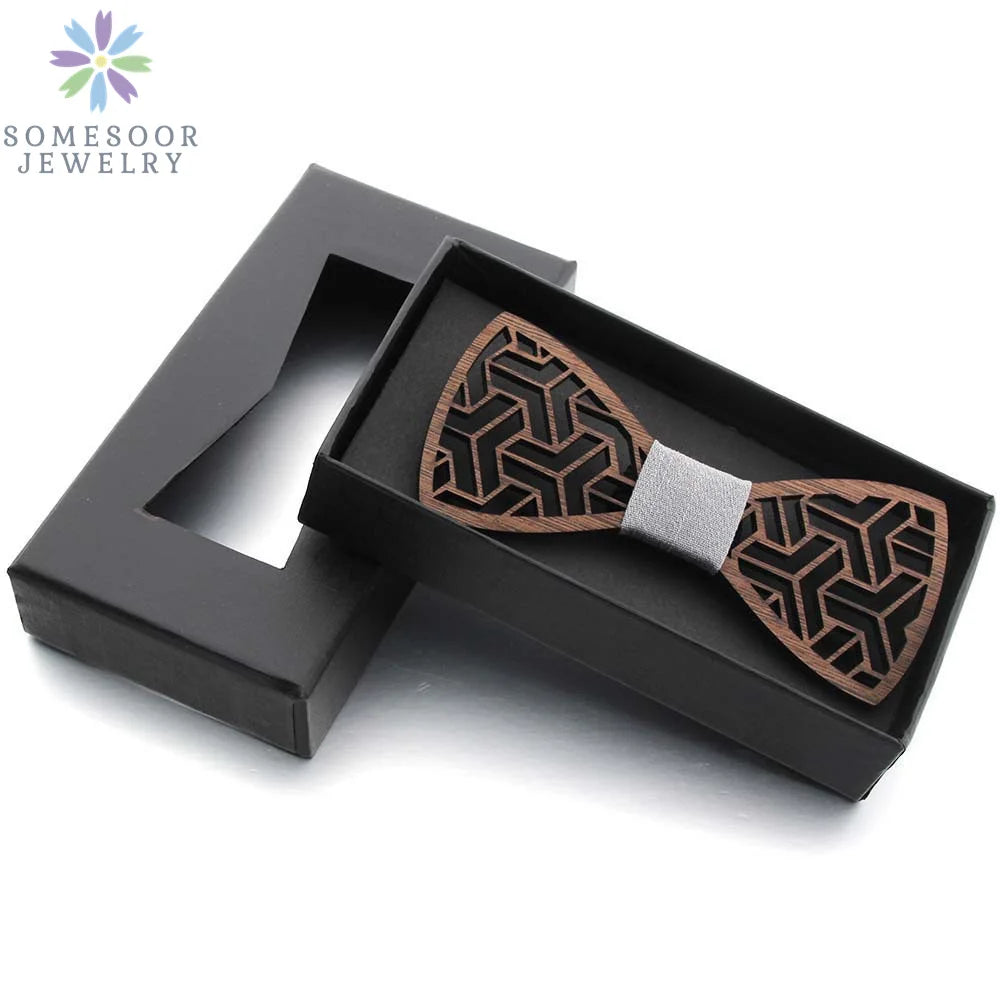 Dark Leaf Hollow Floral Wooden Bowtie For Men Wedding Suit Geometric Carved Wood Neck Ties Unisex