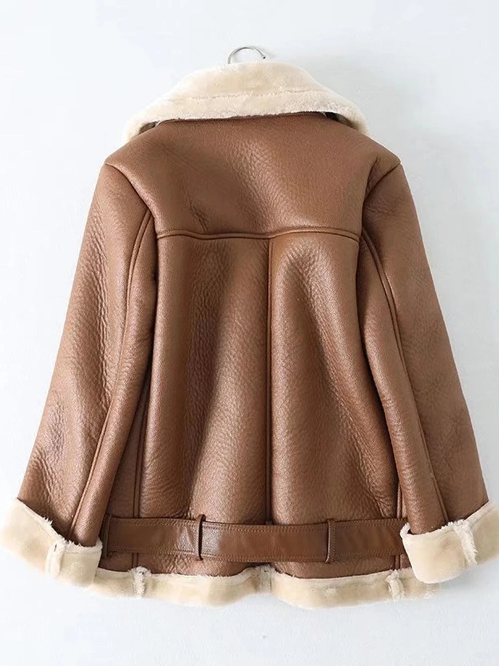 Thick and warm faux leather jacket Coat women's beige long-sleeved belt jacket women 2025 winter fashion new streetwear Tops