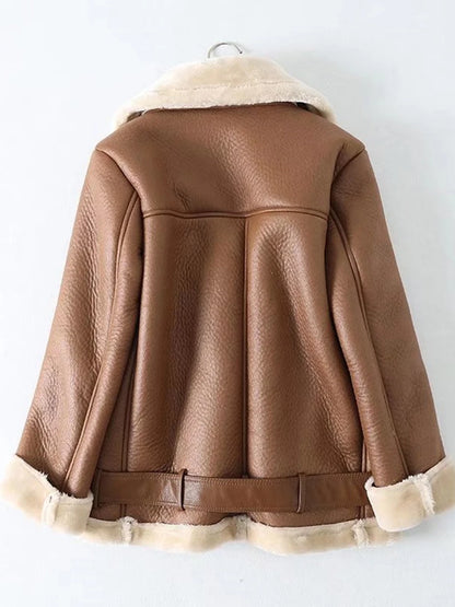 Thick and warm faux leather jacket Coat women's beige long-sleeved belt jacket women 2025 winter fashion new streetwear Tops