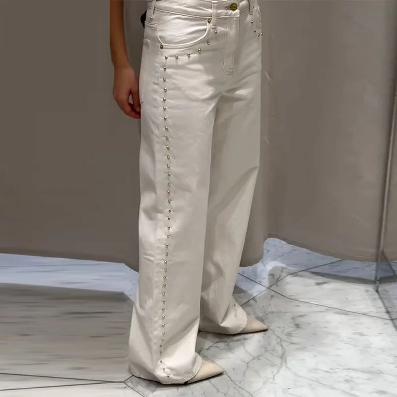 Metal Rivet Wide Leg Jeans Trousers Baggy Low Rise Pockets Denim