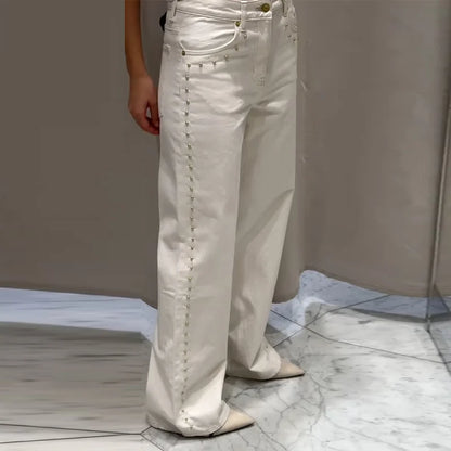 Metal Rivet Wide Leg Jeans Trousers Baggy Low Rise Pockets Denim