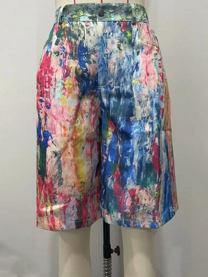 Women's Pockets Graffiti Shorts Polyester Mid Waist Shorts