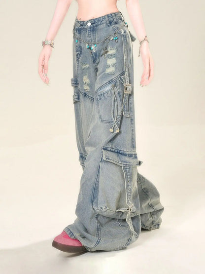 Women's Blue Star Embroidered Jeans Baggy Y2K High Street Harajuku Fashion High Waist Wide Leg Retro Jeans Pants Clothing 2025