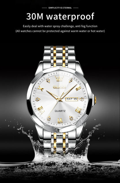 Gold Original Quartz Wristwatch Waterproof Luminous Watch for Male Rhombus Mirror Date Week