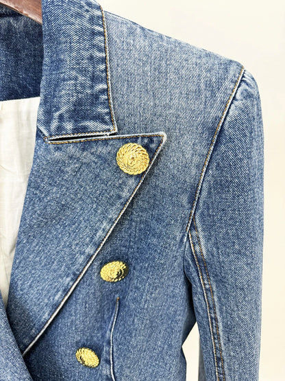 Women'S Double Breasted Slim Fit Denim Blazer Long Sleeve Jean Jacket High Waisted Pencil Mini Skirt Set