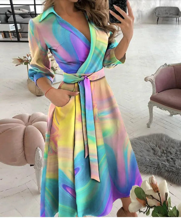 A-Line Wrap Summer Dress Long Sleeve V-Neck Dress Pocket Elegant Midi Party Dress