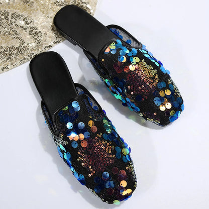 Women Casual Sequin Decoration Slipper Square Toe Flat Bottom Comfortable Sandals Slides Black / 40 / United States Black / 42 / United States 