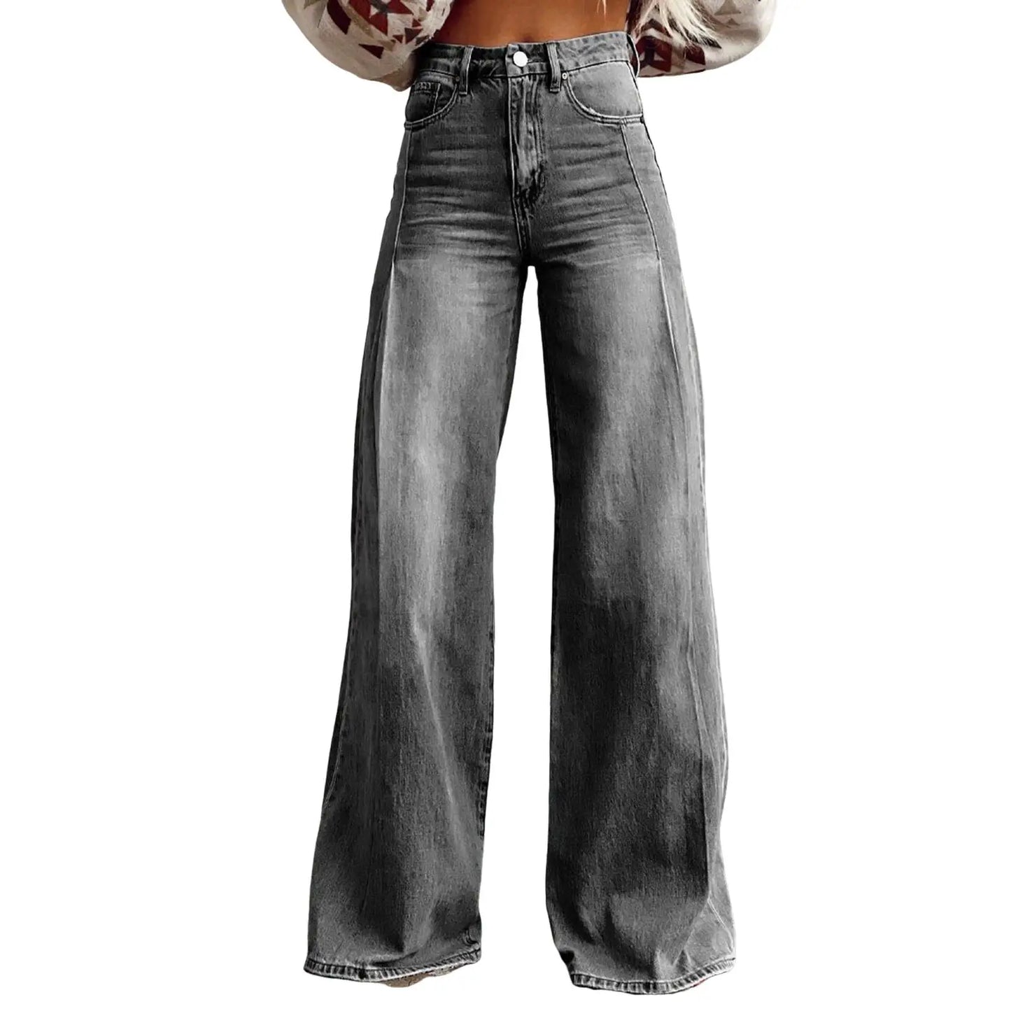 Women's Large Hole Patchwork Jeans High Waist Wide Legs Casual Bottoms Denim