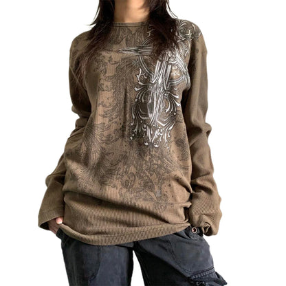 Gothic Long Sleeve Round Neck Cross Print Loose T-Shirts Streetwear Grunge Tops