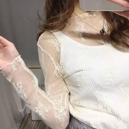 Hollow Out Mesh T-Shirt Transparent Mesh female Tops Long sleeve Basic Shirts SeeThrough Turtleneck