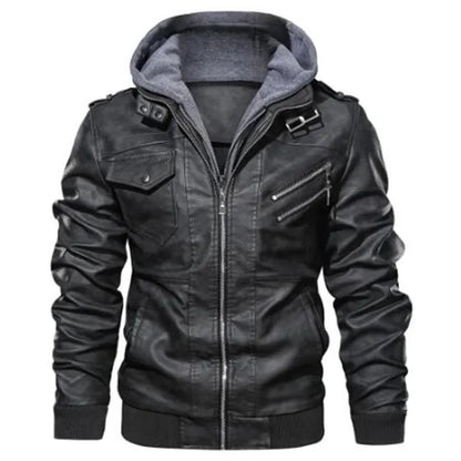 Motorcycle Leather Jacket Hat Detachable Men Hooded Slim Casual Coats