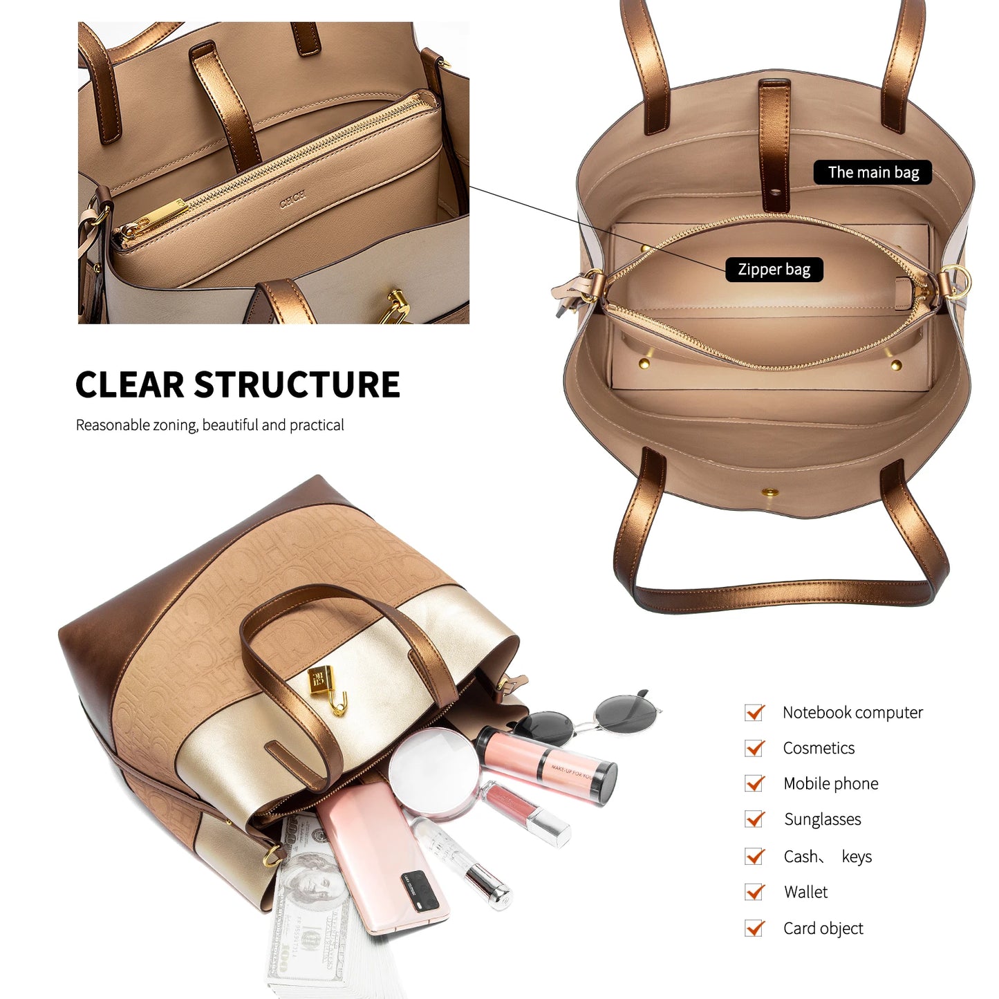 CHCH Women's Large Capacity Tote Bag Spring New Splicing Design Bag