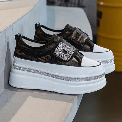 Denim Platform Wedge Genuine Leather Casual Comfy High Brand Chunky Sneakers Hidden Heels Shoes