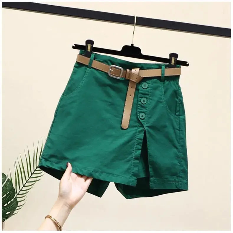 Cotton Shorts High Waist A- Line Skirt with Belt Pure Cotton Pants