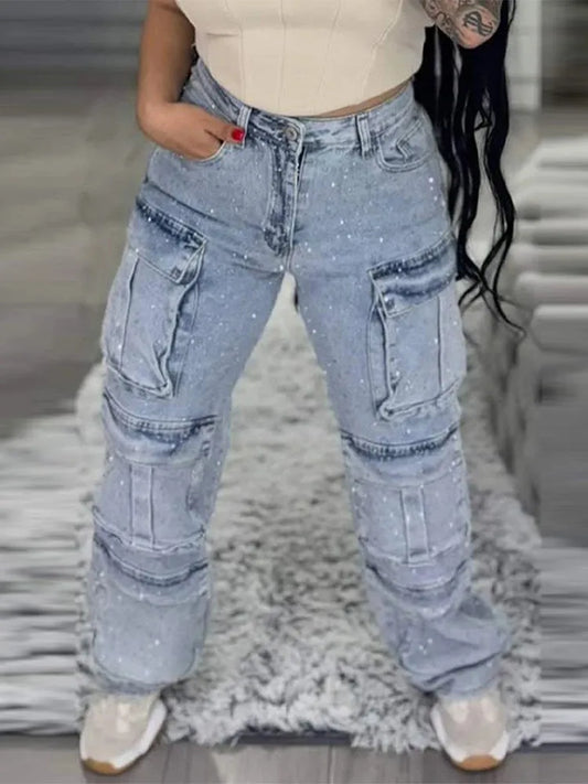 High Waist Cargo Denim Jeans With Full Rhinestones Sparkling Casual Baggy Pants Streetwear Chic Daily Trousers