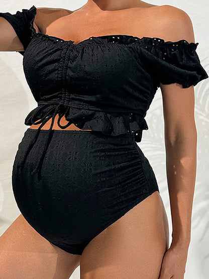 Maternity Tankini Swimsuit High Waisted 2 Pieces Bikini Set Solid Color Off Shoulder