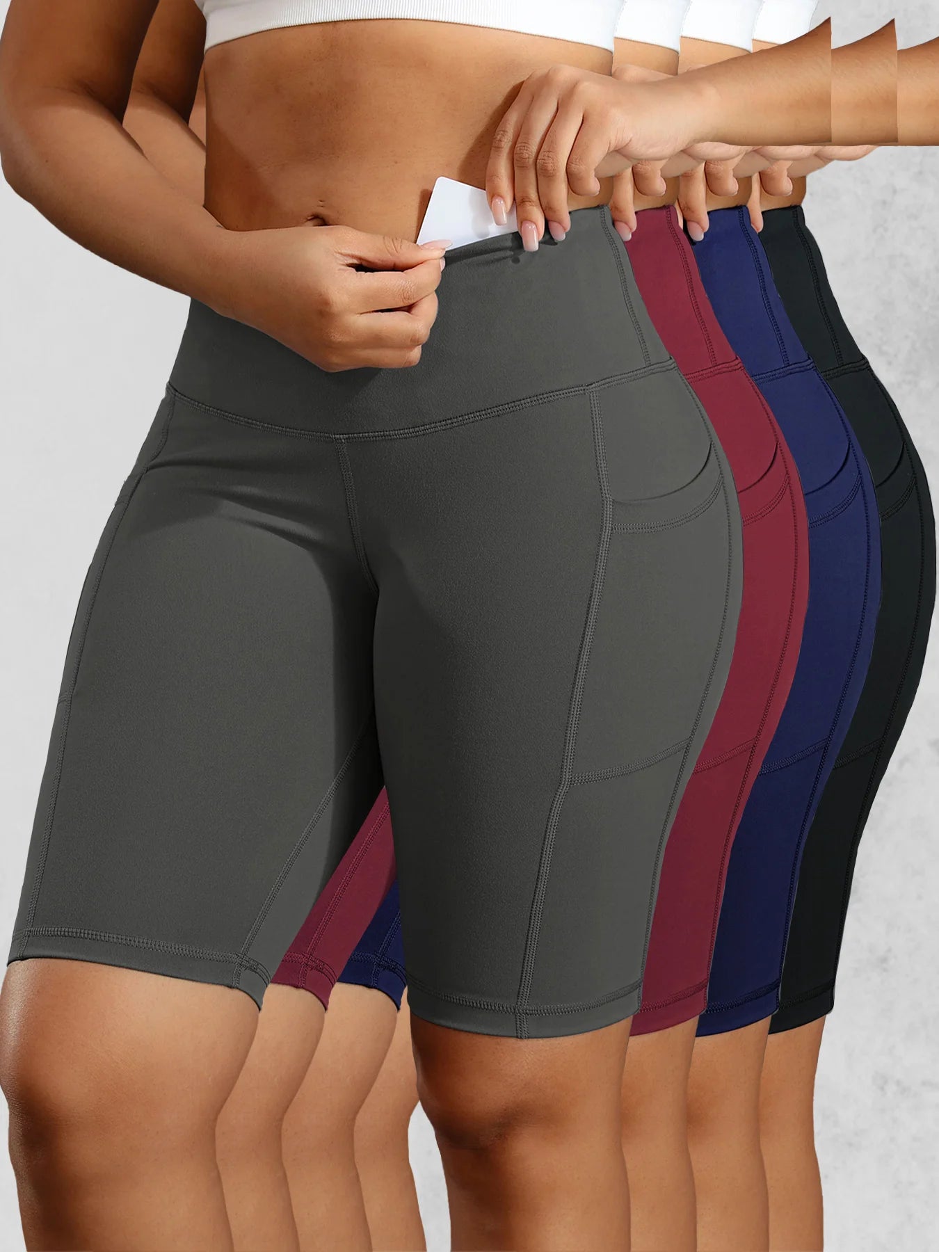 Solid Yoga Shorts with 3 Pockets High Waist Butt Lifting Elastic Cycling Shorts Activewear