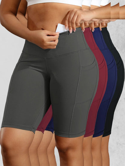 Solid Yoga Shorts with 3 Pockets High Waist Butt Lifting Elastic Cycling Shorts Activewear